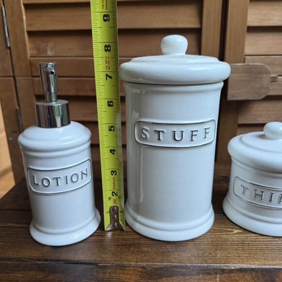 Pottery Barn White Ceramic Bathroom Set – 4 Pc (Lotion, Brush, Stuff, Things) - Picture 9 of 10